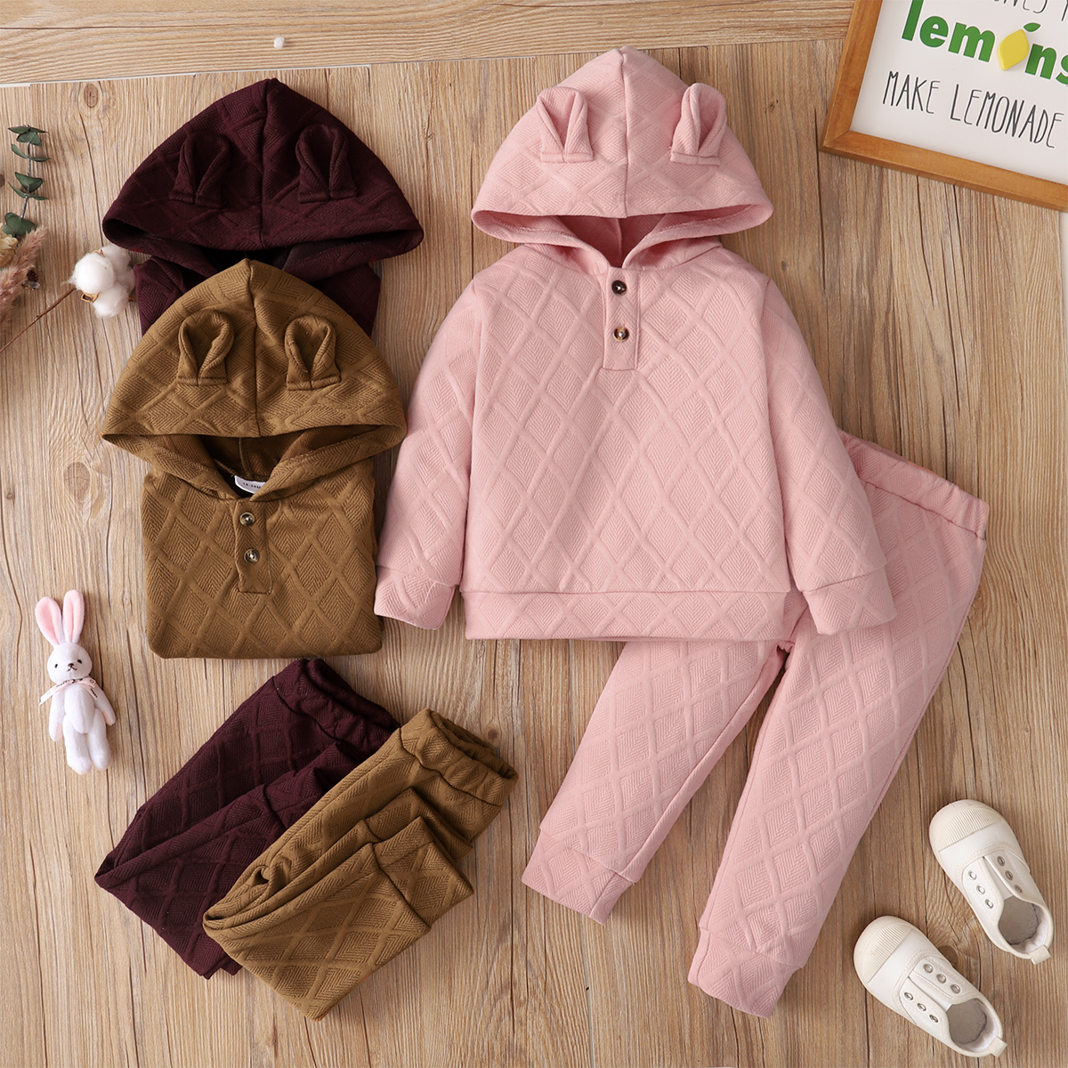 

2-piece Toddler Girl Textured Button Design Hoodie Sweatshirt and Solid Color Pants Set