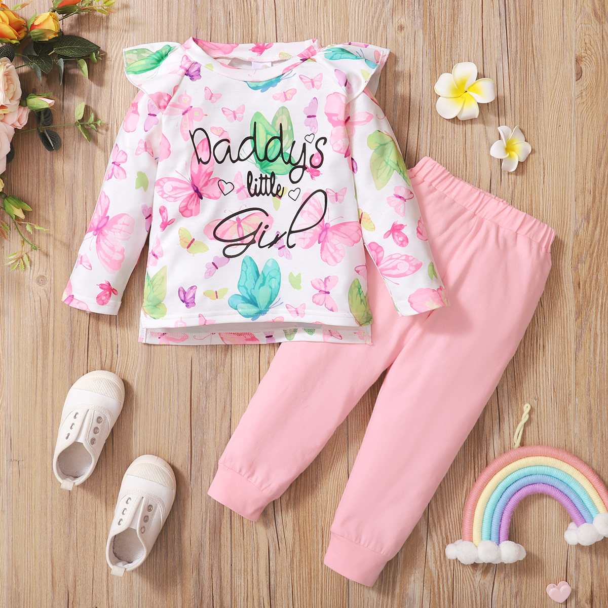 

2-piece Toddler Girl Ruffled Letter Butterfly Print Long-sleeve Tee and Elasticized Pink Pants Set