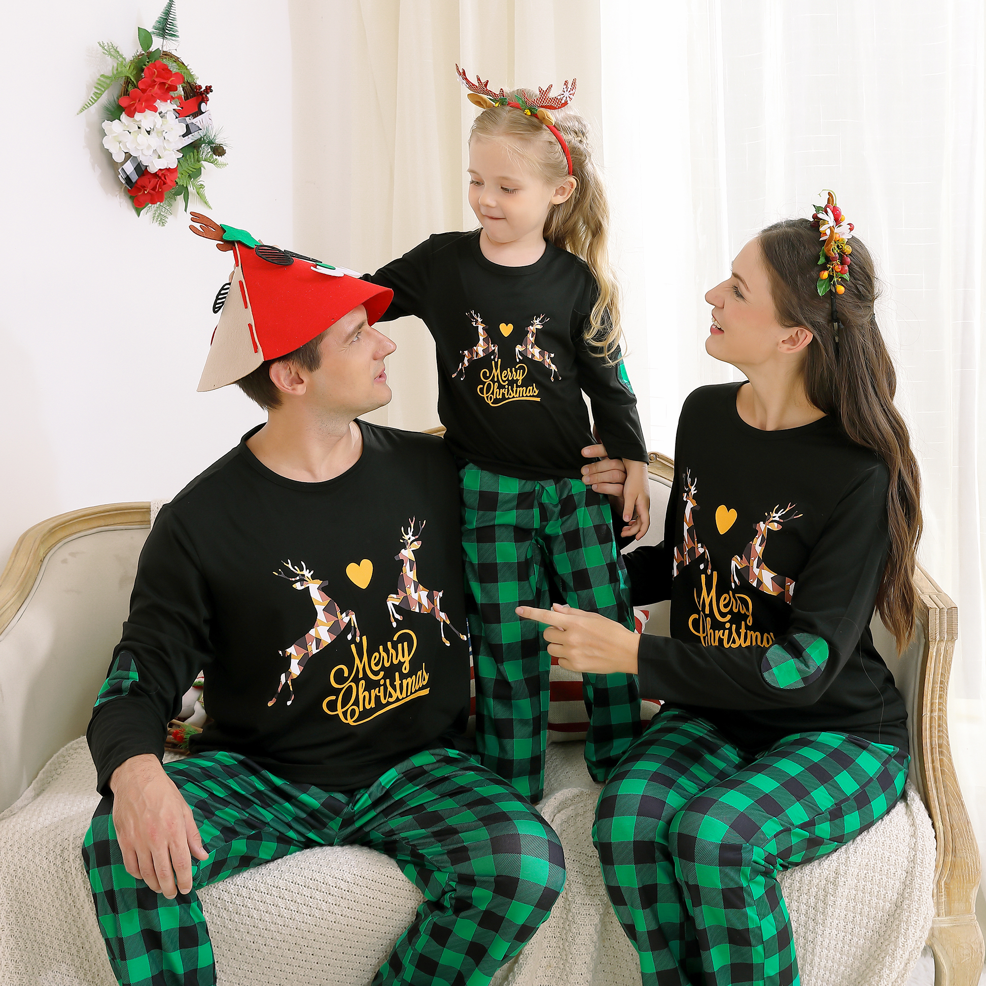

Christmas Reindeer and Letter Print Family Matching Long-sleeve Green Plaid Pajamas Sets (Flame Resistant)