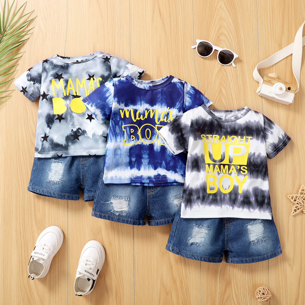 

2pcs Baby Boy Letter Print Tie Dye Short-sleeve T-shirt and Ripped Denim Shorts Set