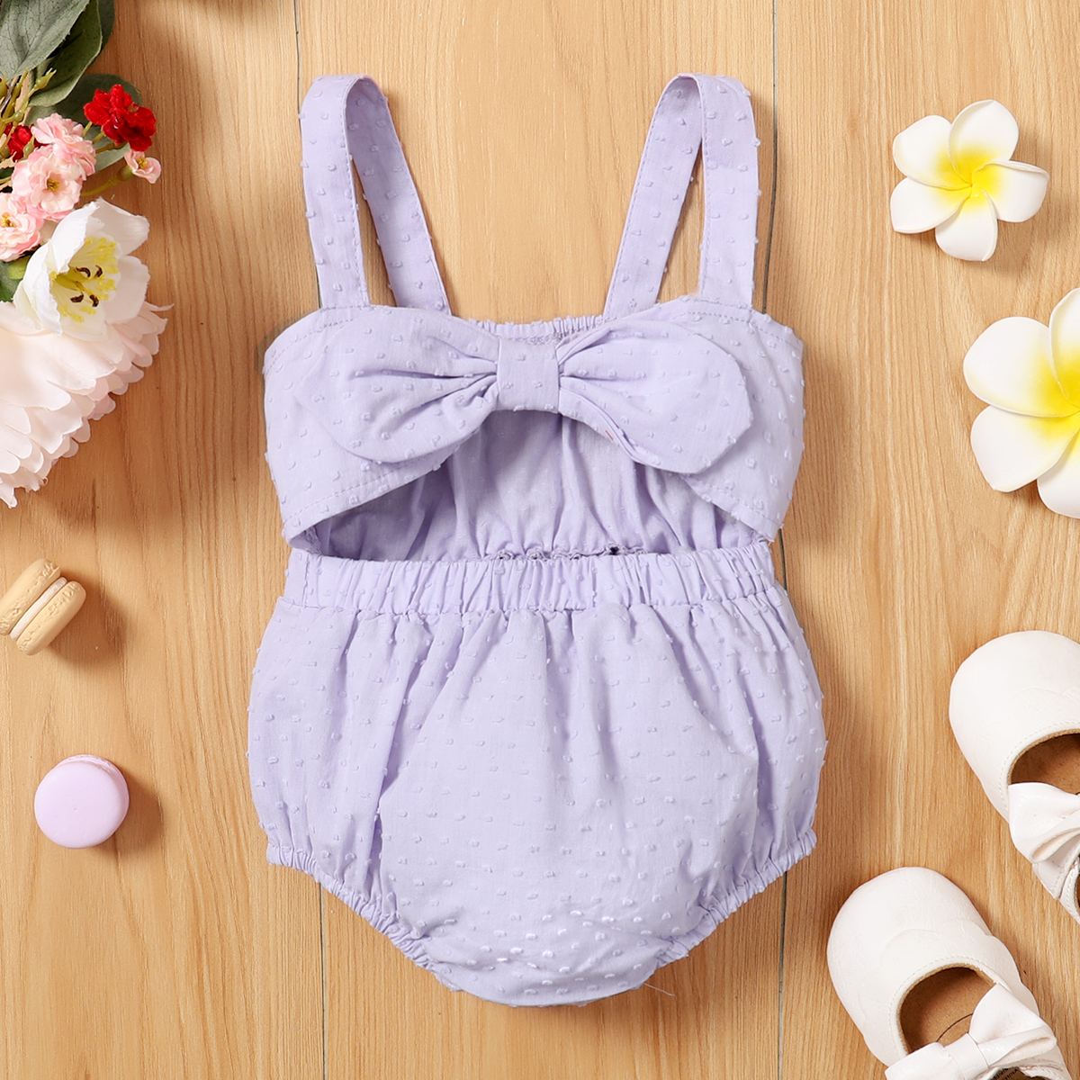 

100% Cotton Baby Girl Light Purple Textured Bowknot Hollow Out Sleeveless Romper