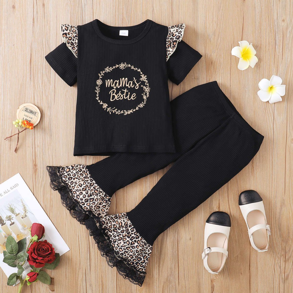 

2-piece Toddler Girl Letter Floral Embroidered Ruffled Tee and Leopard Print Lace Design Flared Pants Set