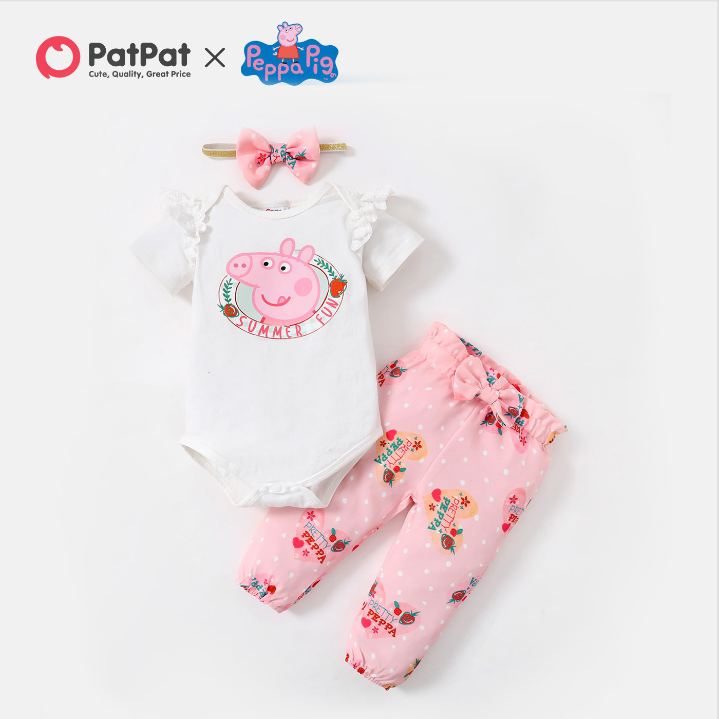 

Peppa Pig 3pcs Baby Girl Cartoon Letter Print Short-sleeve Romper and Trousers with Headband Set