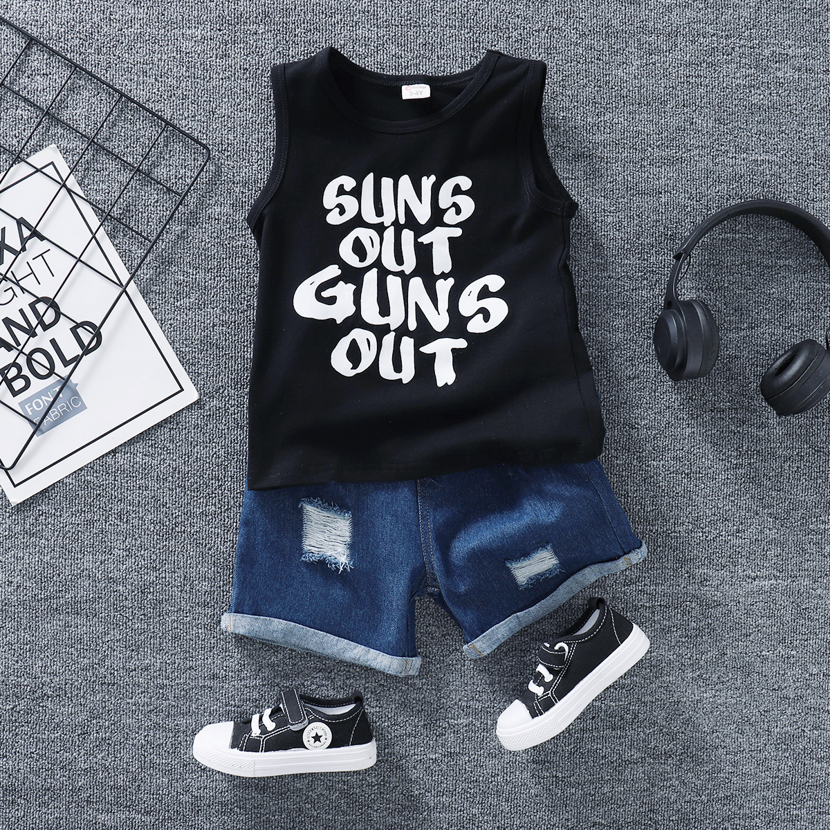 

2pcs Toddler Boy Trendy Ripped Denim Shorts and Letter Print Sleeveless Tee Set