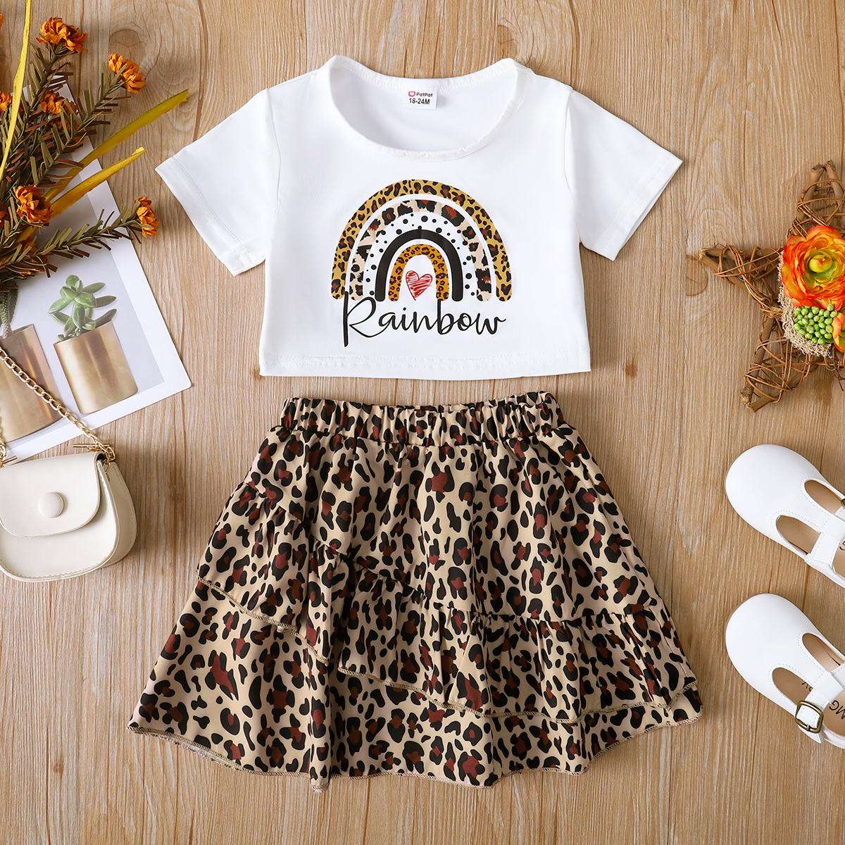 

2pcs Toddler Girl Letter Rainbow Print Short-sleeve White Tee and Leopard Print Layered Skirt Set