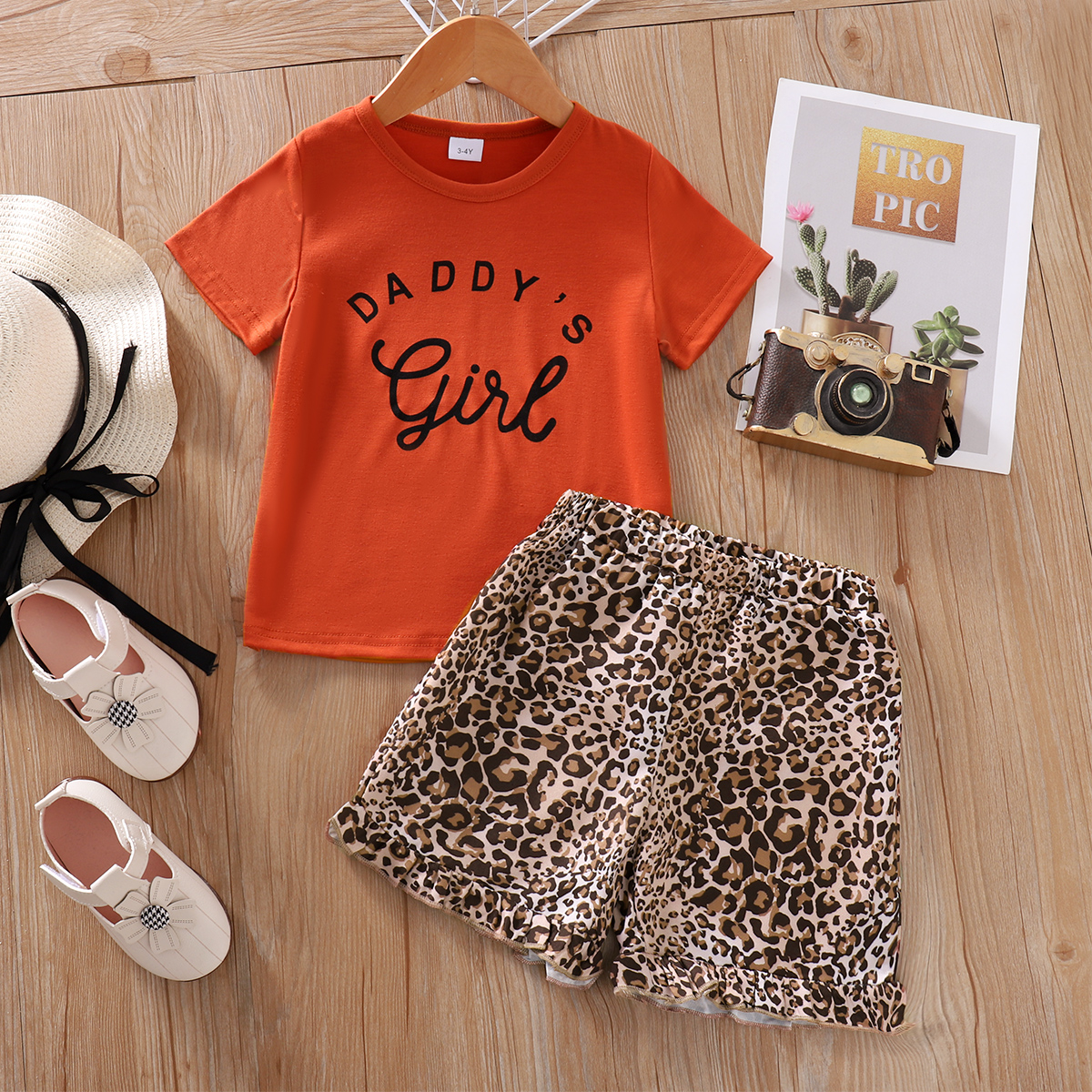 

2pcs Toddler Girl Letter Print Short-sleeve Orange Tee and Leopard Print Ruffle Shorts Set