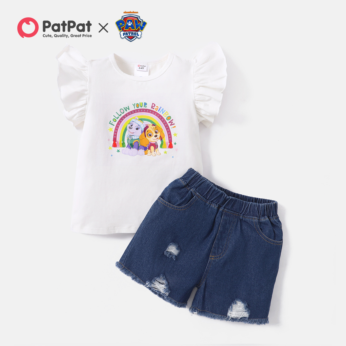 

PAW Patrol 2-piece Toddler Girl Rainbow Flutter-sleeve Tee and Denim Shorts Cotton Set