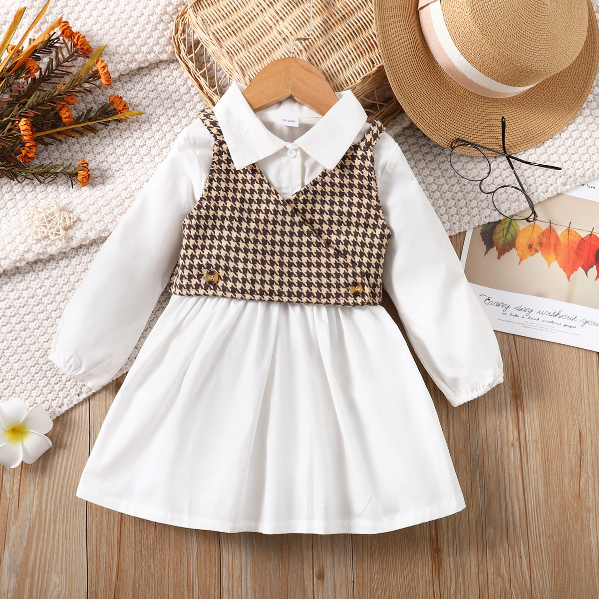 

2pcs Toddler Girl Lapel Collar Long-sleeve White Shirt Dress and Houndstooth Vest Set