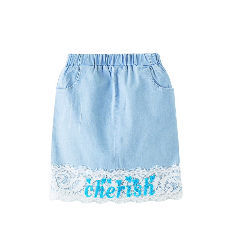

Chic Solid Lace Decor Denim Skirt