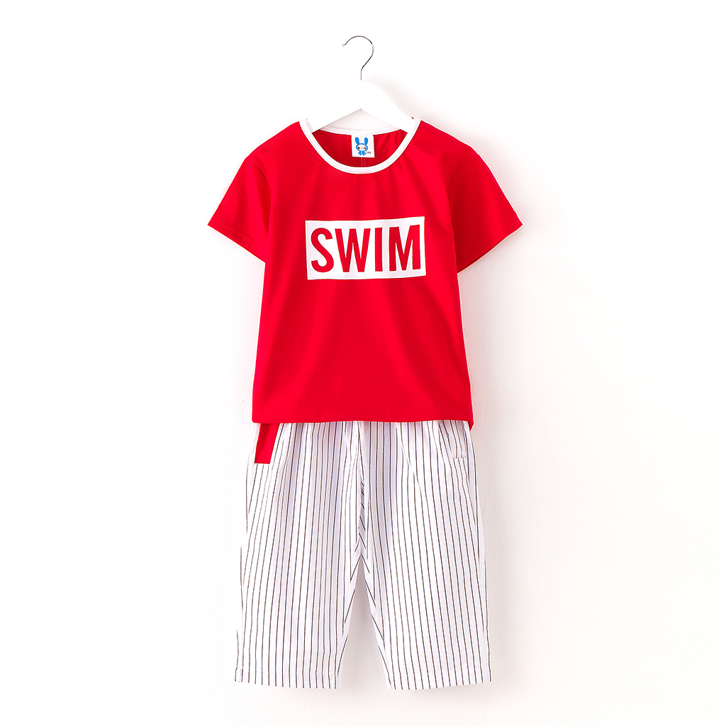 

'SWIM' Letter Printed Tee and Striped Pants Set for Kid