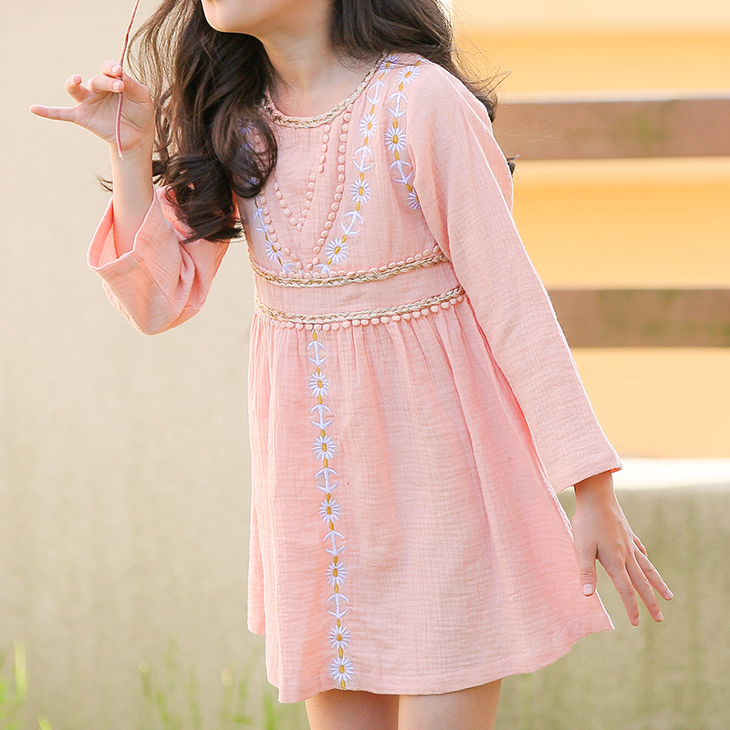 

Fresh Embroidered Pompon Design Long-sleeve Dress