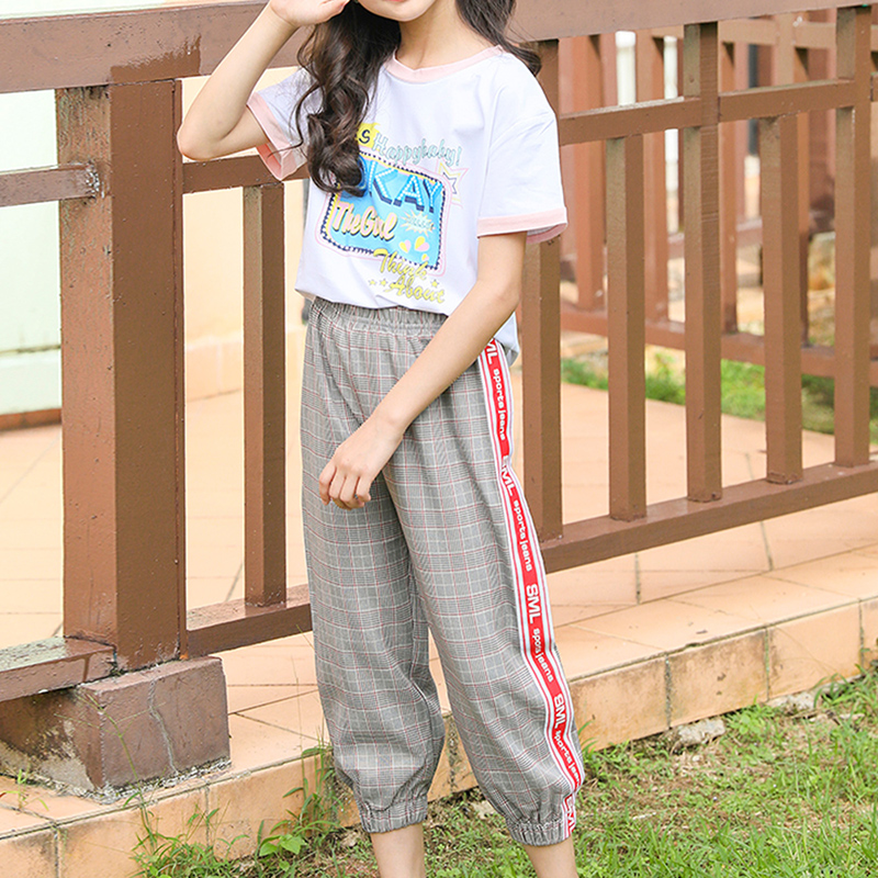 

Printed T-shirts And Plaid Letter Side Pants Set