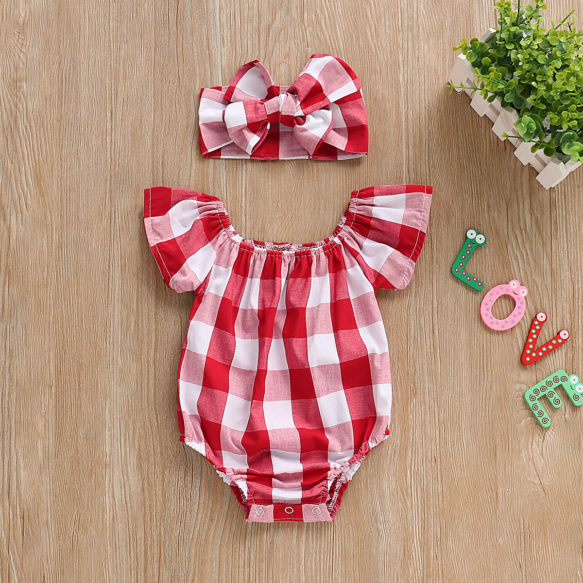 

2-piece Baby Girls Plaid Bodysuit and Headband