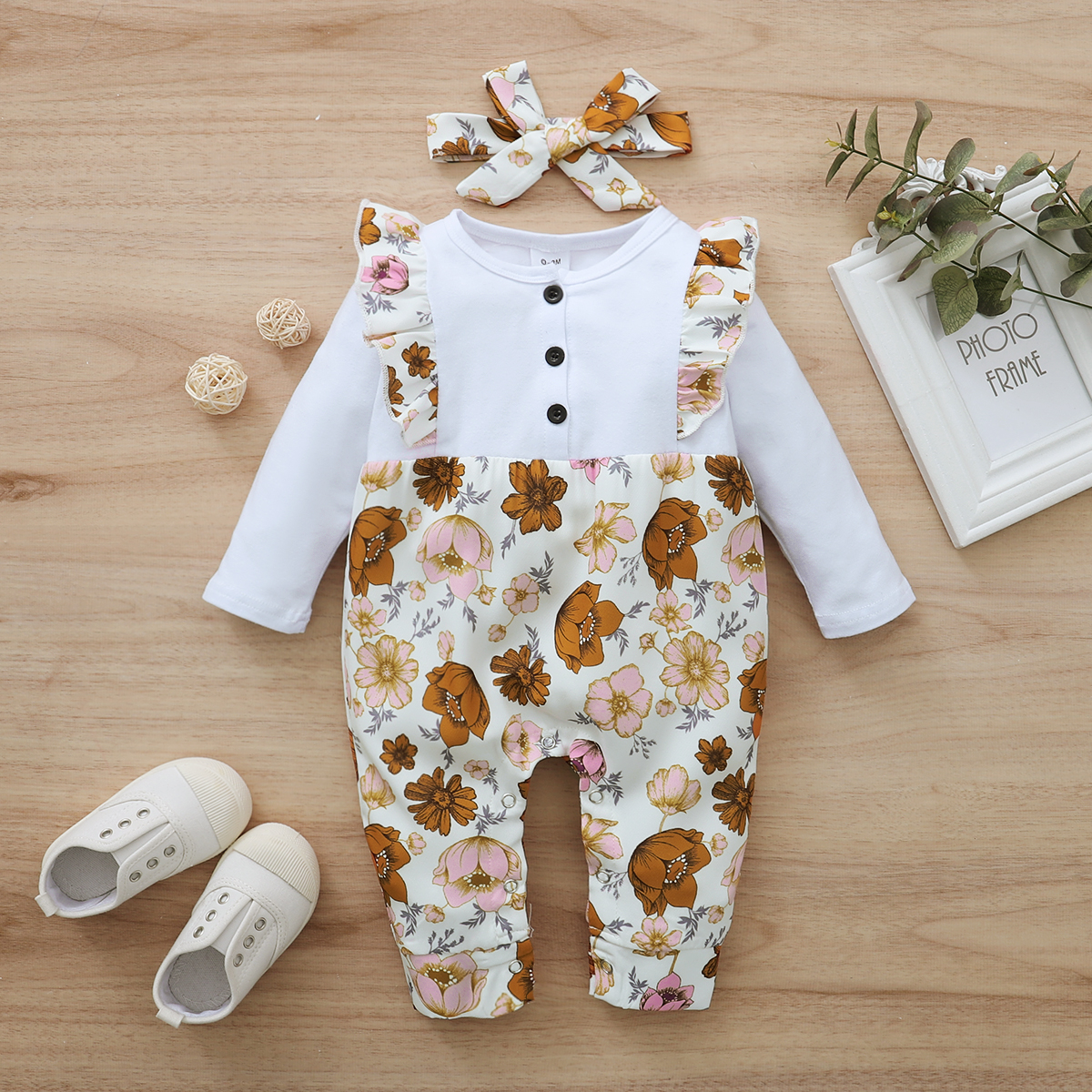 

2-piece Baby Floral Ruffled Jumpsuit and Headband Set