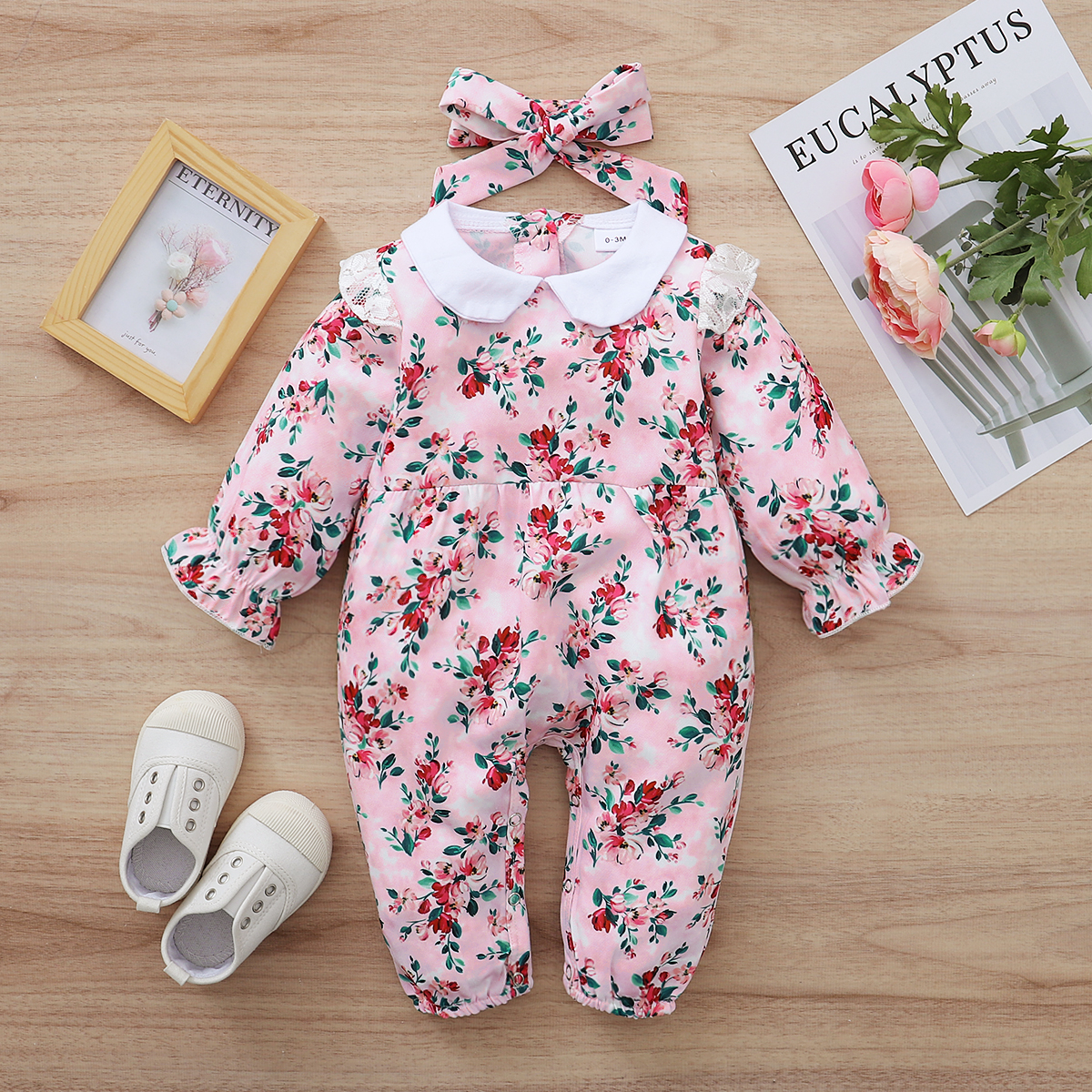 

2-piece Baby Floral Ruffled Doll Collar Jumpsuit and Headband Set