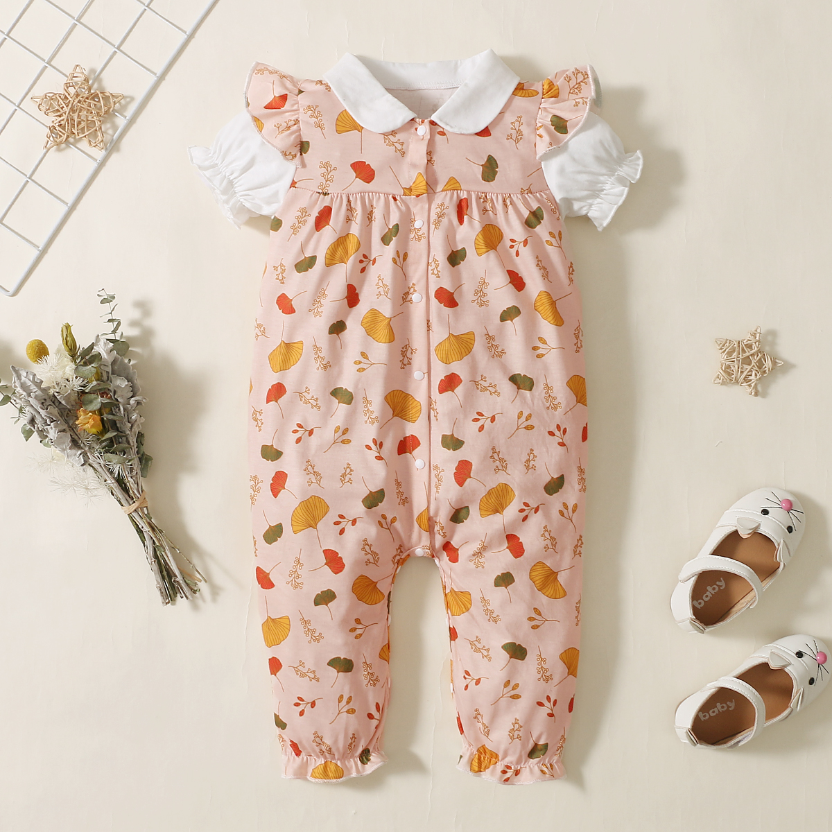 

Lapel Collar Short-sleeve Baby Jumpsuit