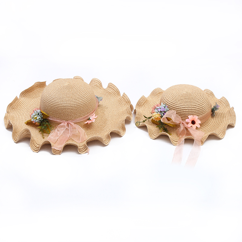 

Flower Decor Crimping Beach Straw Hats for Mommy and Me
