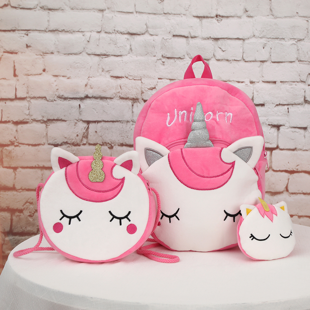 

3-pack Cartoon Unicorn Plush Backpack & Crossbody Bag & Purse Set