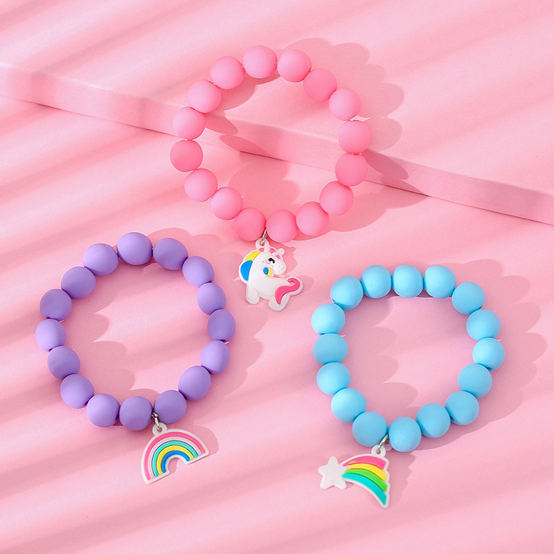 

3-pack Cartoon Unicorn Rainbow Pendant Beaded Bracelet Elastic Bracelet for Girls