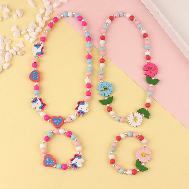 

2-pack Wood Floral Unicorn Beaded Necklace and Bracelet Jewelry Set for Girls