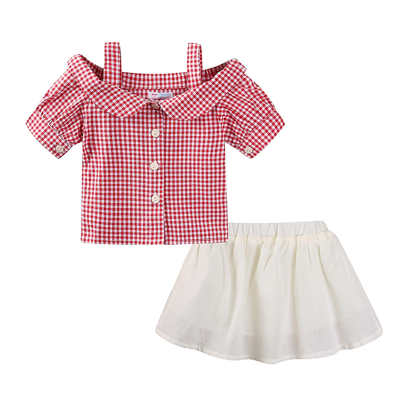 

Casual Plaid Cold Shoulder Shirt and Skirt Set