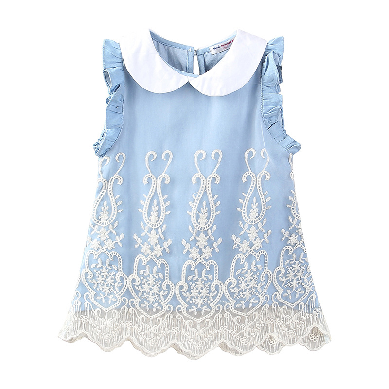 

Beautiful Flutter-sleeve Lace Design Denim Dress