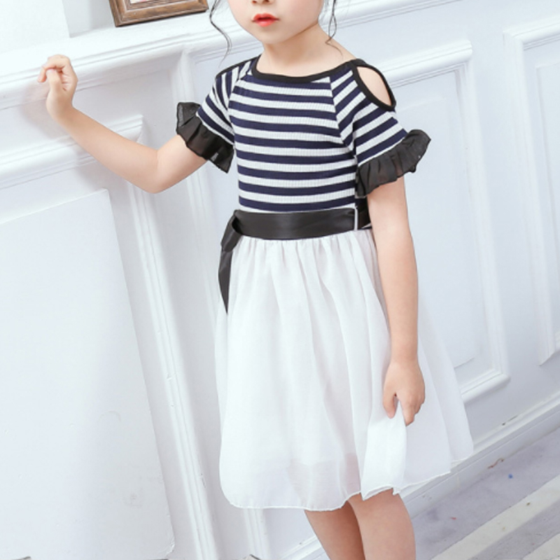 

Fashionable Striped Cold Shoulder Belted Dress