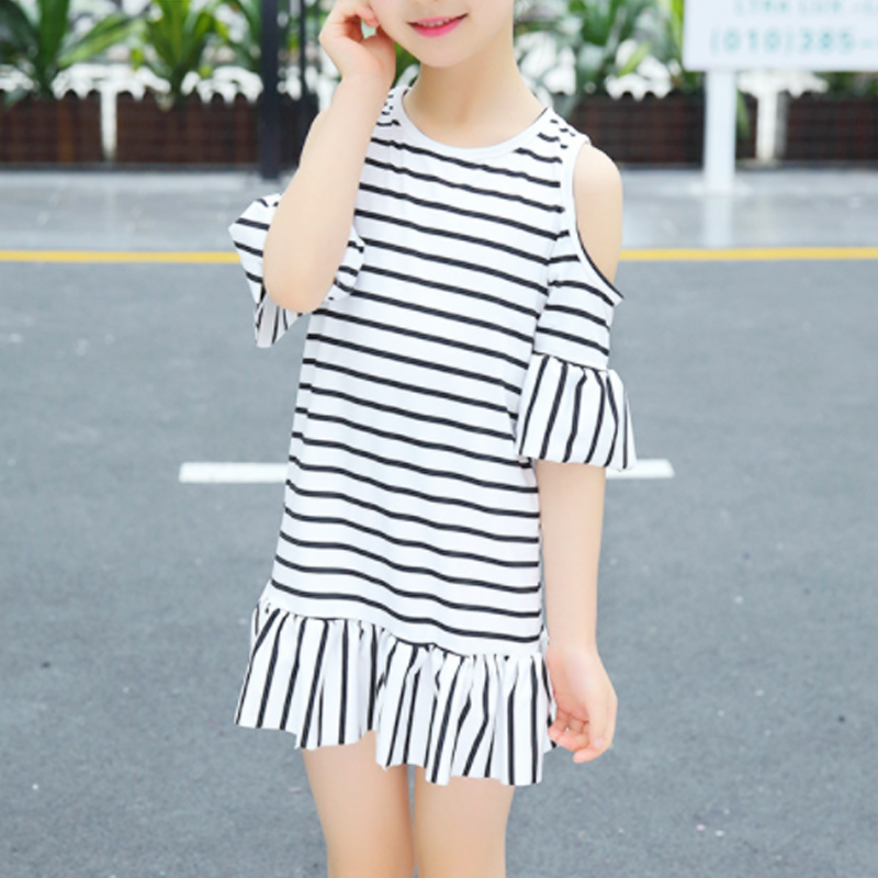 

Striped Cold Shoulder Ruffled Dress