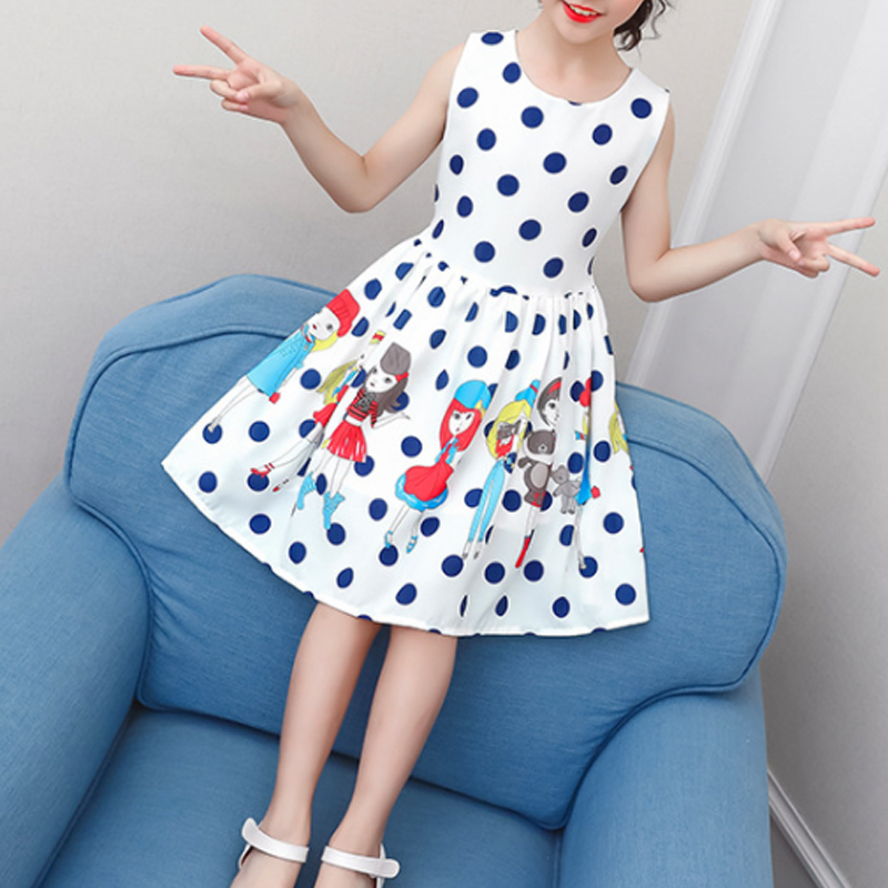 

Sweet Cartoon Print Polka Dot Sleeveless Dress