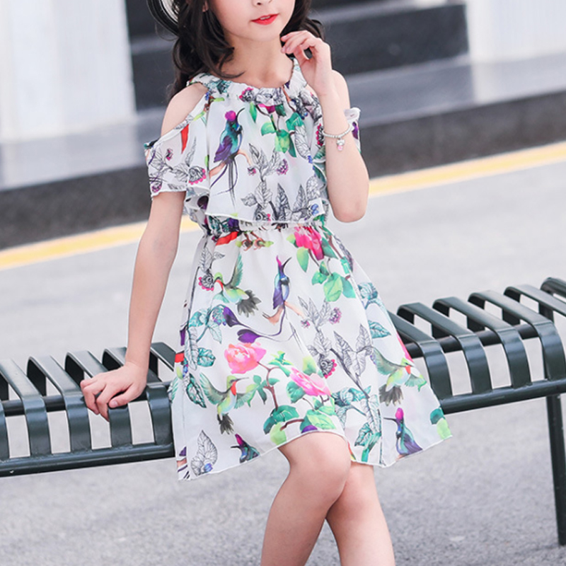 

Girl's Print Bird Off Shoulder Chiffon Dress