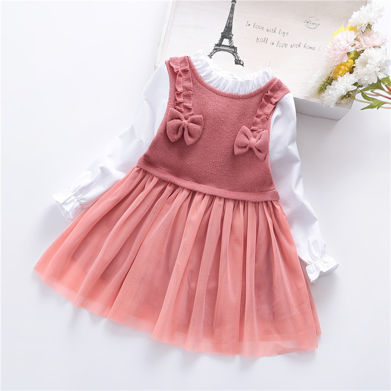 

Ruffle Collar Mesh Splice Long-sleeve Knitted Baby Dress