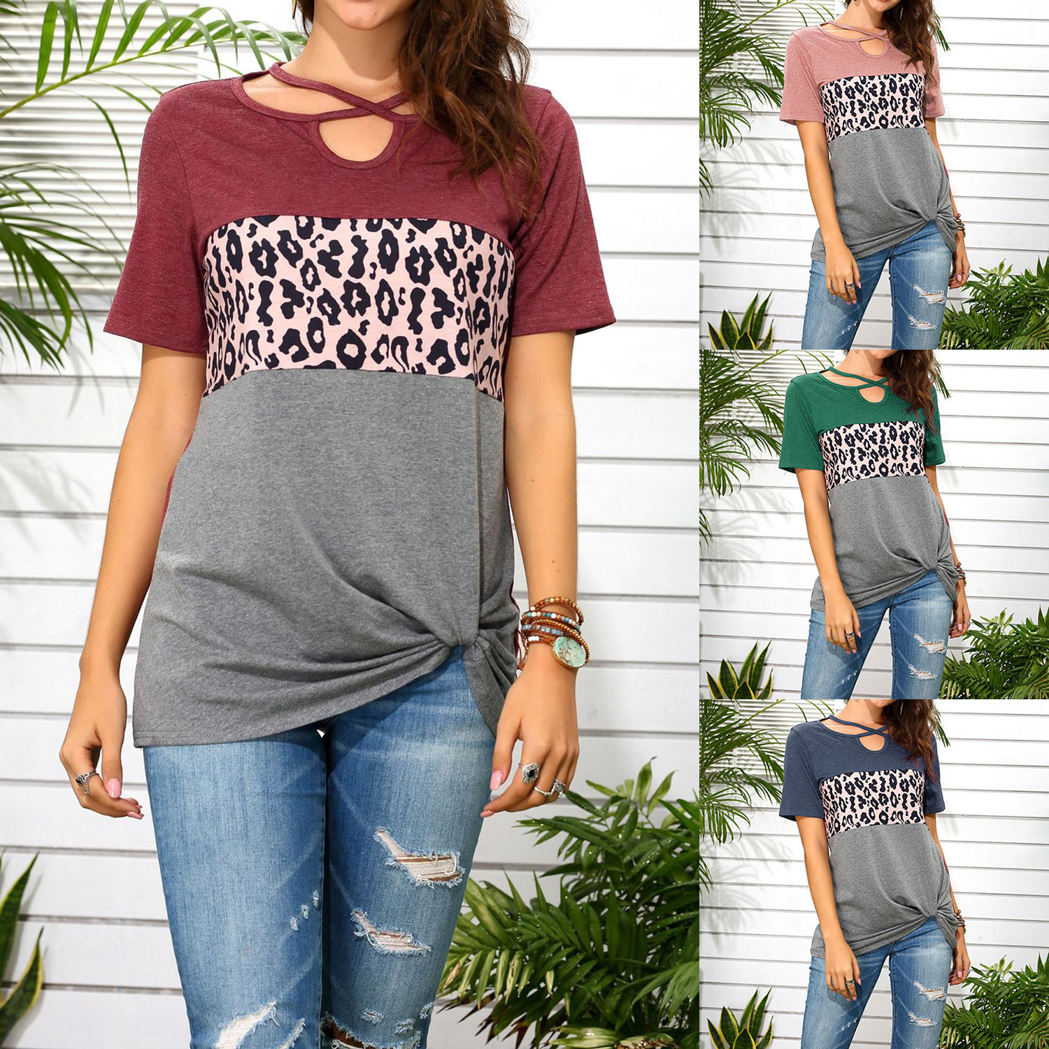 

Casual Short-sleeve Leopard Splice Loose Tee