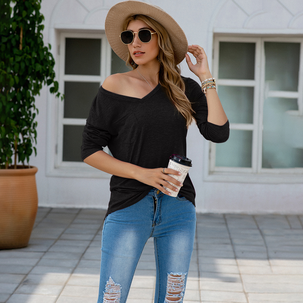 

V-neck Plain long sleeve casual T-shirt