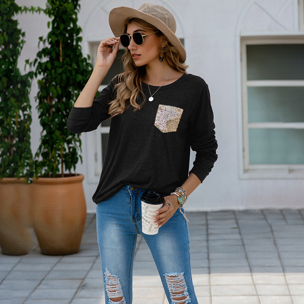 

Round collar Color Block Embroidered patch long sleeve casual T-shirt