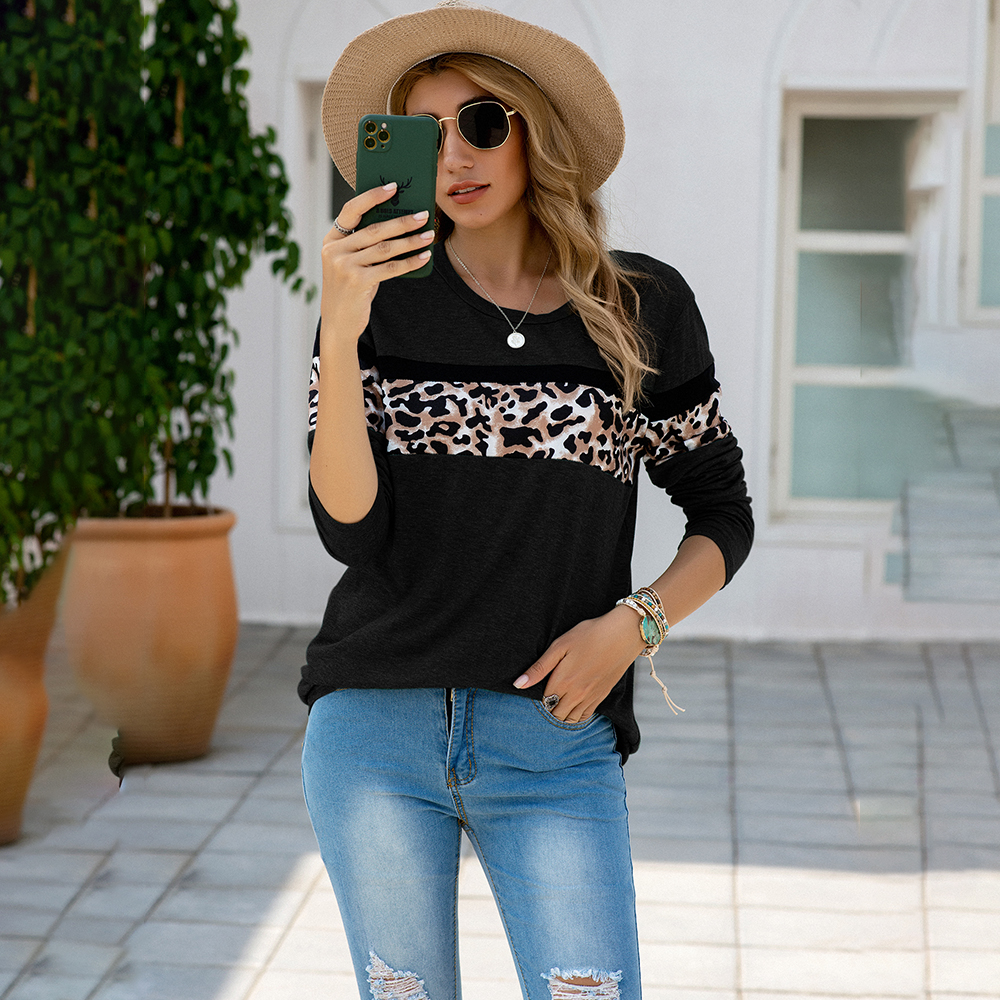 

Round collar Color Block full print long sleeve casual T-shirt