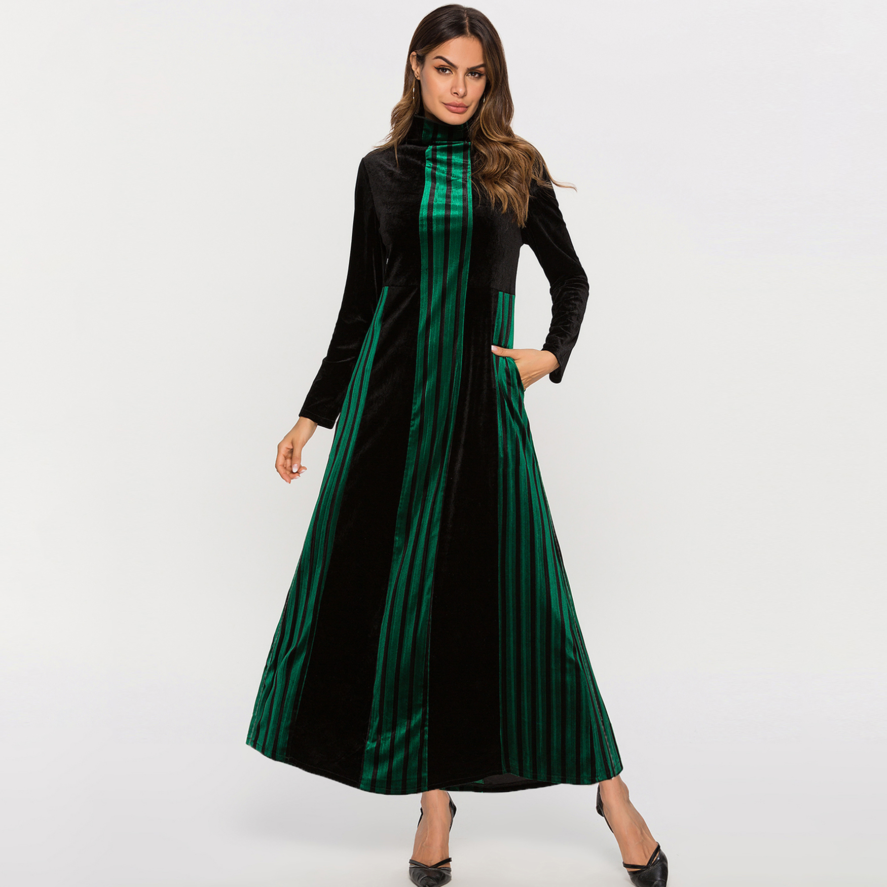 

Green Striped High Collar Pockets Maxi Dress