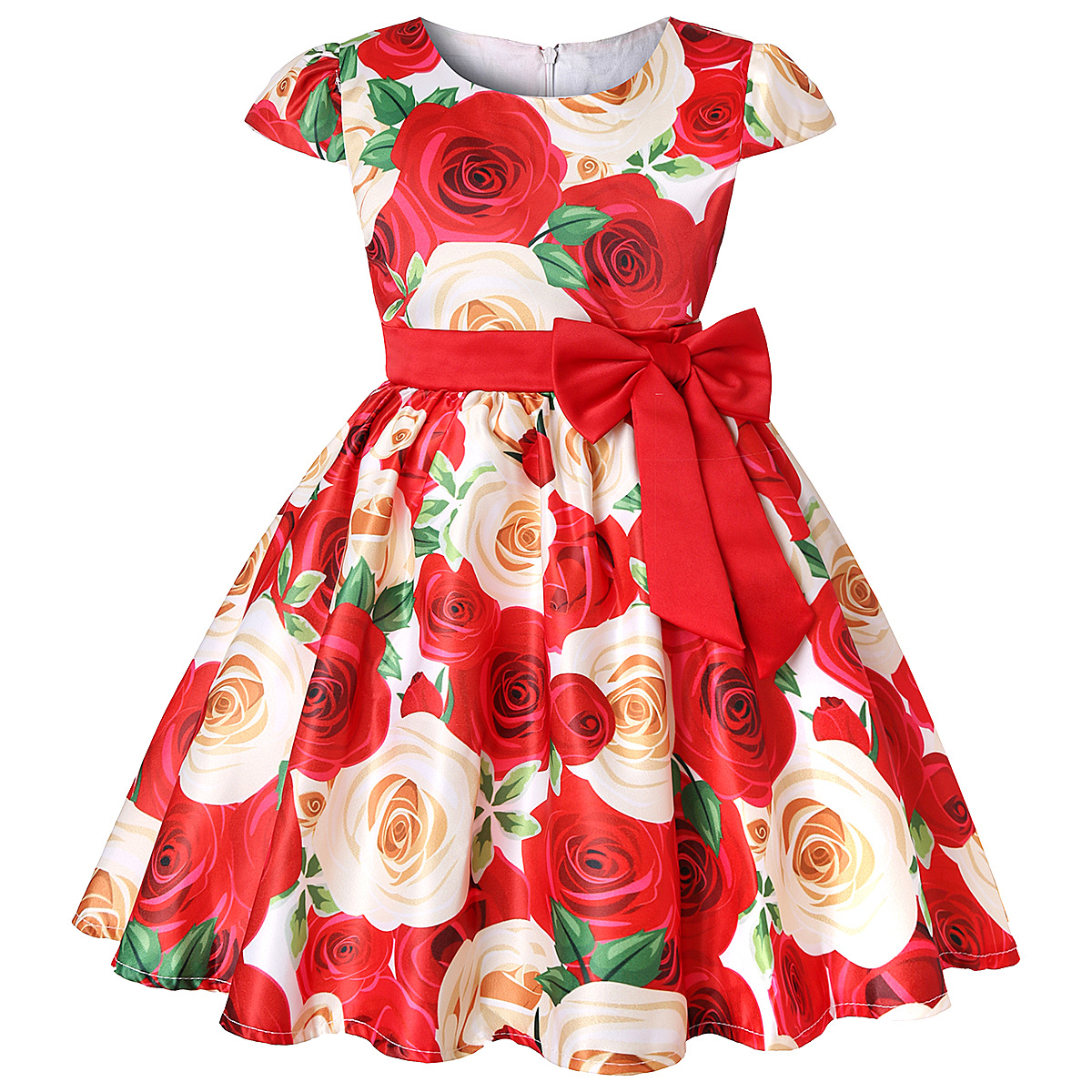 

Trendy Rose Allover Print Bowknot Party Dress