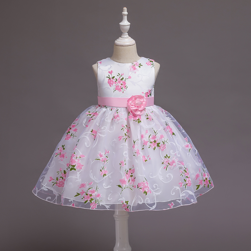 

Kid Girl Floral Print Sleeveless Princess Tutu Dress Costume Party Tulle Dress with Belt