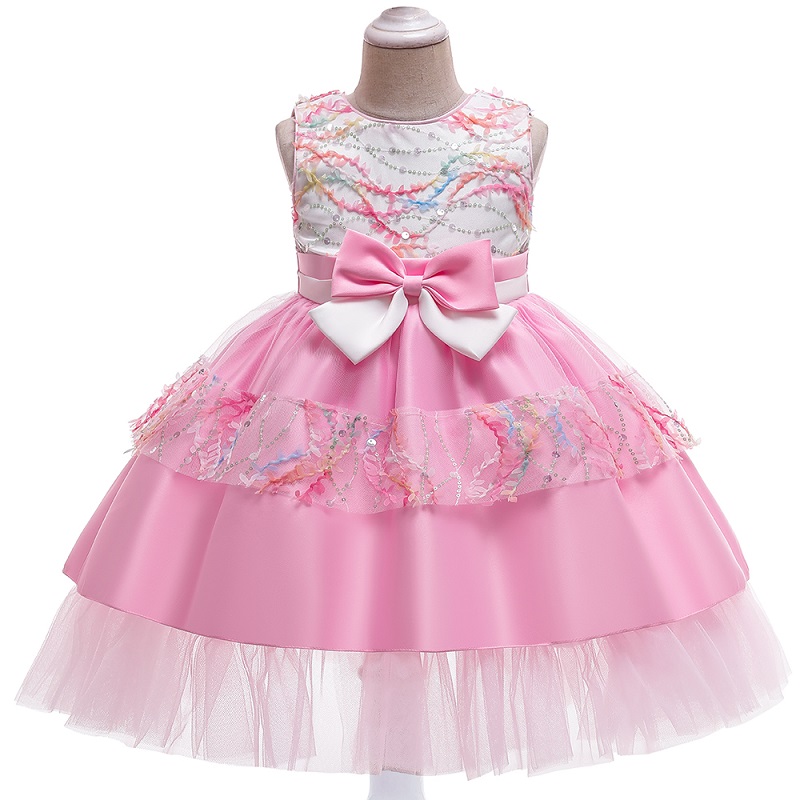 

Kid Girl Flower Embroidery Bowknot Design Sequin Decor Sleeveless Princess Party Stitching Tulle Dress