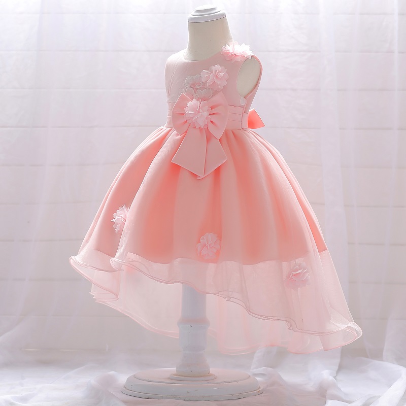

Kid Girl 3D Floral Embroidered High Low Sleeveless Bowknot Design Princess Costume Party Mesh Dress