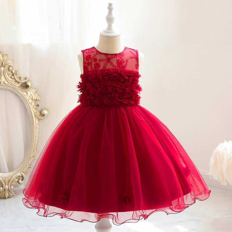 

Kid Girl Christmas 3D Floral Embroidered Lace Design Sleeveless Princess Costume Party Tulle Dress