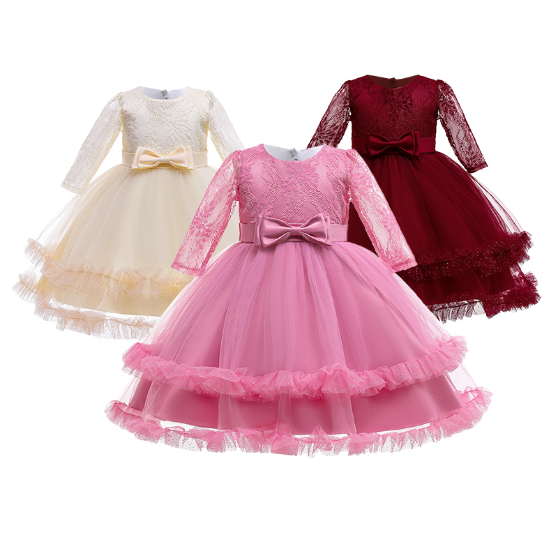 

Kid Girl Lace Embroidered Bowknot Design Princes Costume Party Layered Mesh Dress