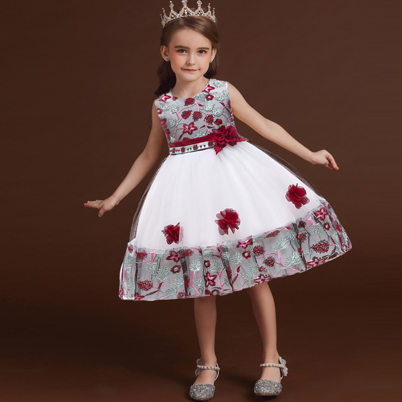 

Kid Girl 3D Floral Embroidered Beaded Sleeveless Bowknot Design Princess Party Mesh Dress