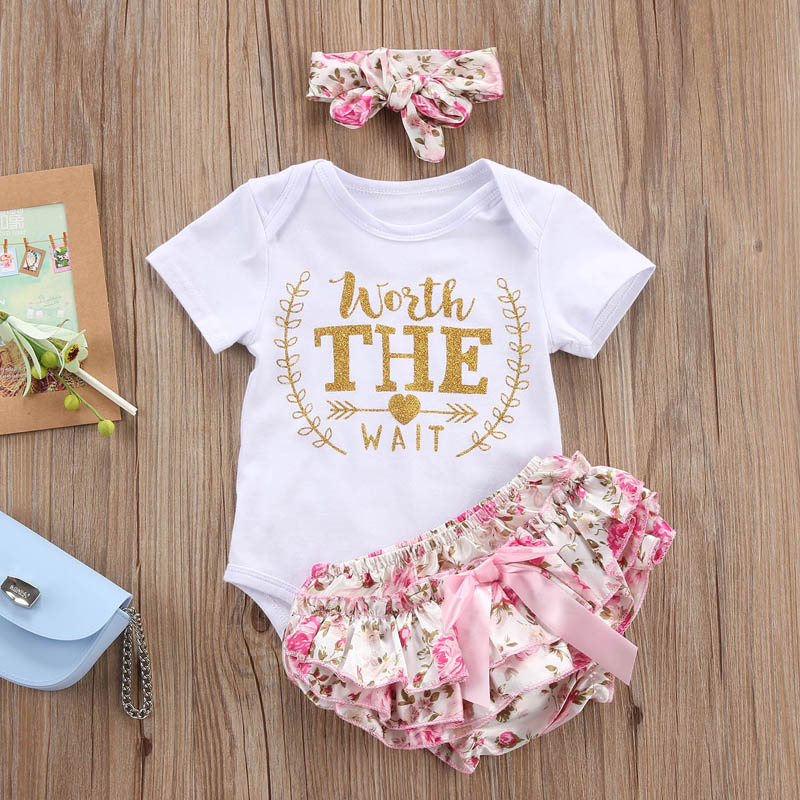 

Baby Girl's Letter Print Bodysuit, Flower Printed Shorts and Bow Headband