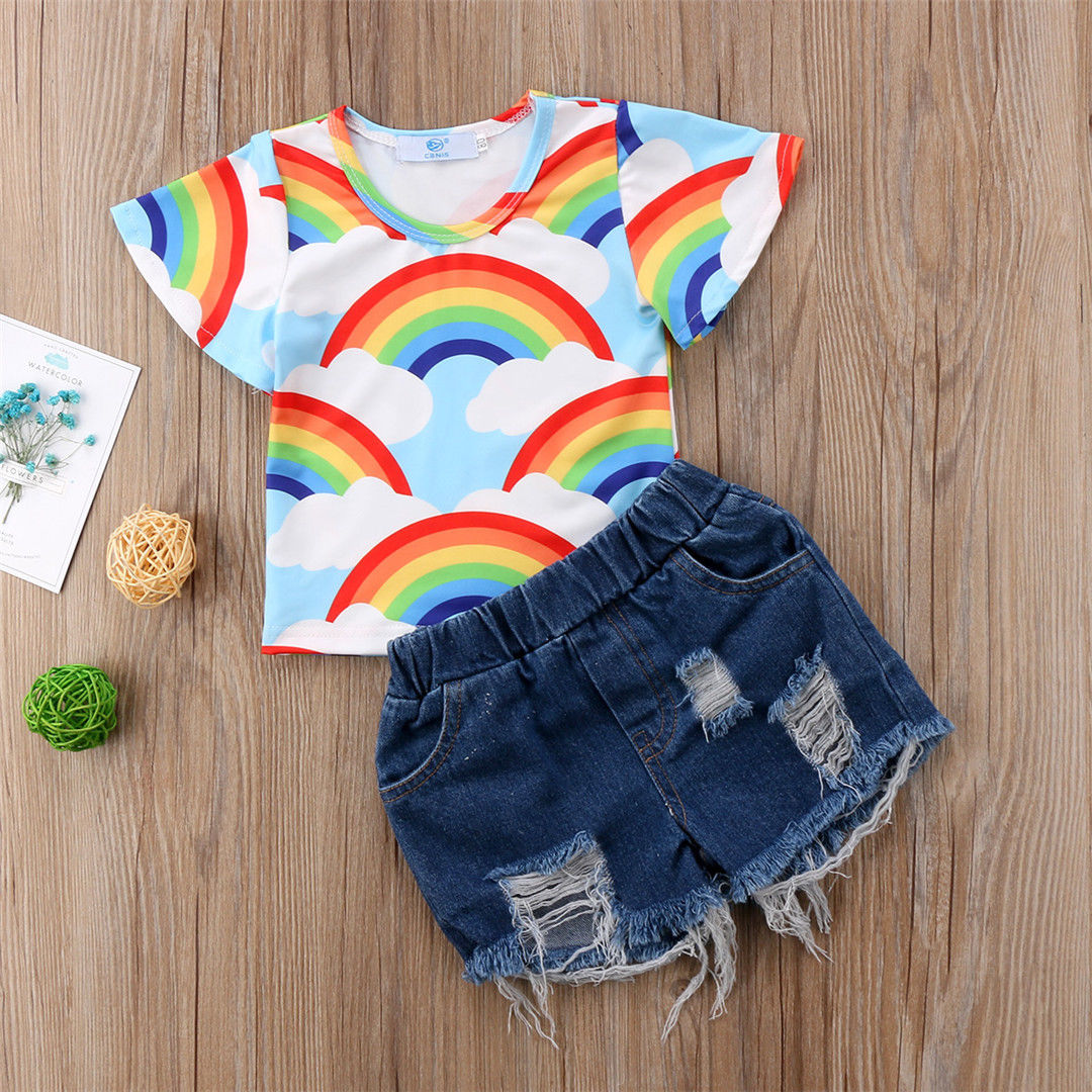 

2-piece Rainbow Tee and Denim Shorts Set