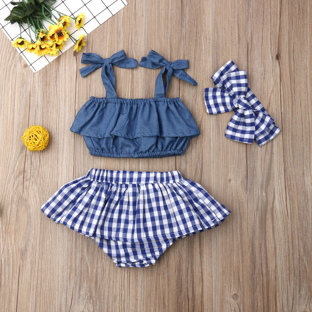 

3-piece Baby Girl Denim Strappy Top and Plaid Shorts with Headband Set