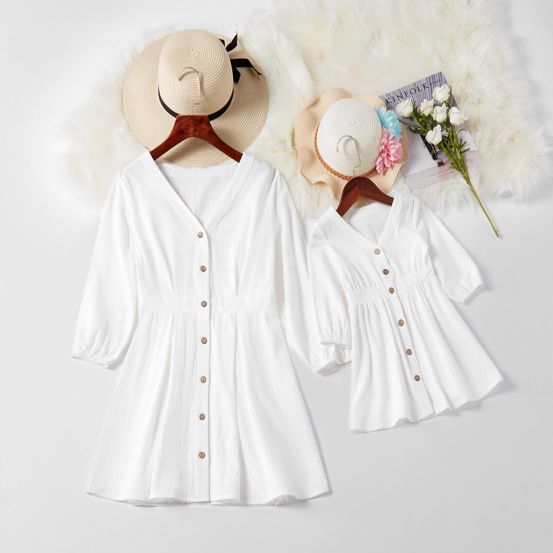 

Solid V-neck Single-breasted Fitted Matching Dresses