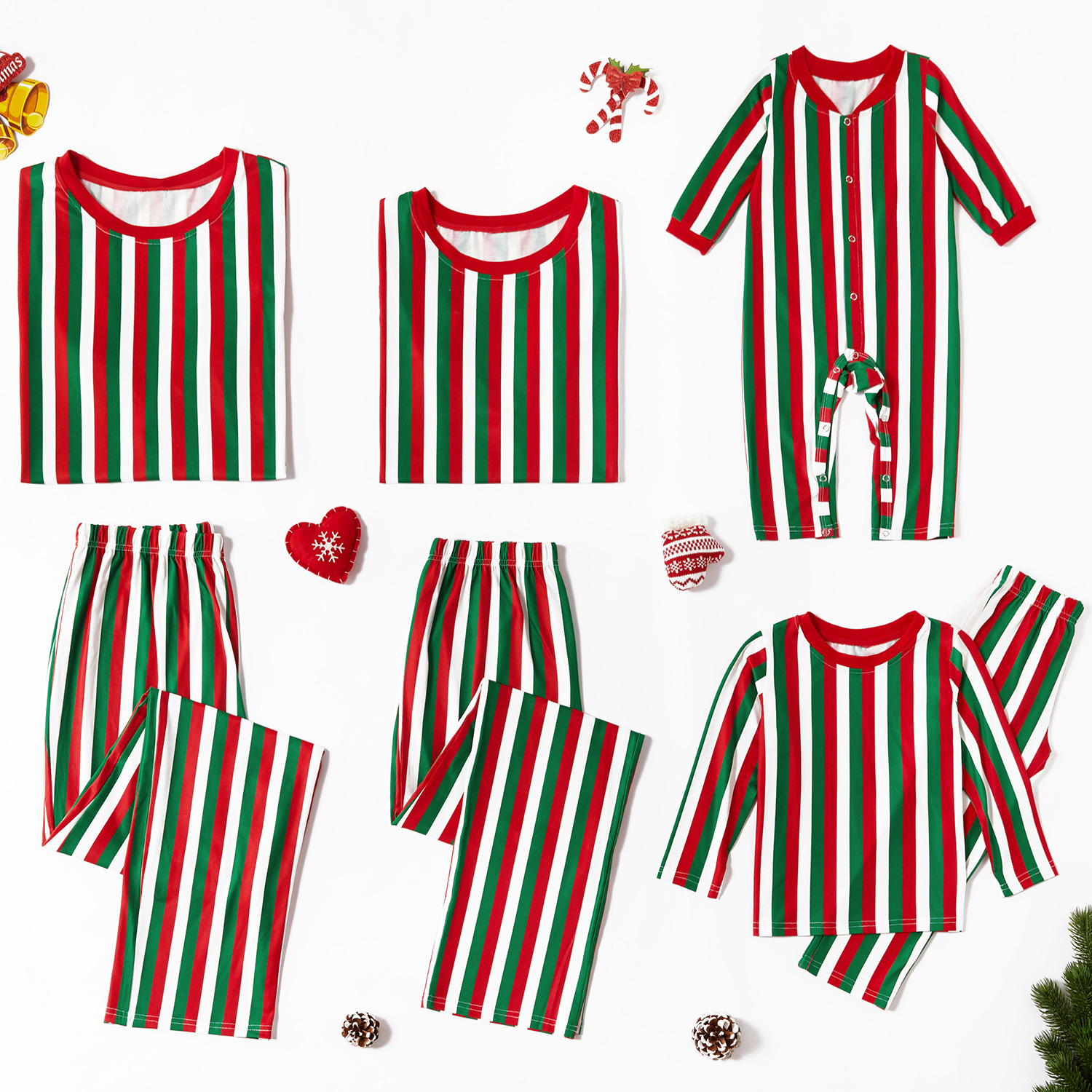 

Christmas Green Red and White Vertical Stripe Family Matching Pajamas Set