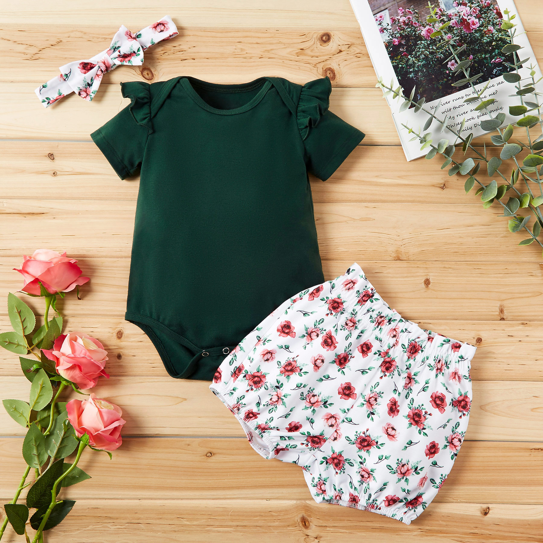

3-piece Baby / Toddler Solid Ruffled Romper and Floral Shorts with Headband Set