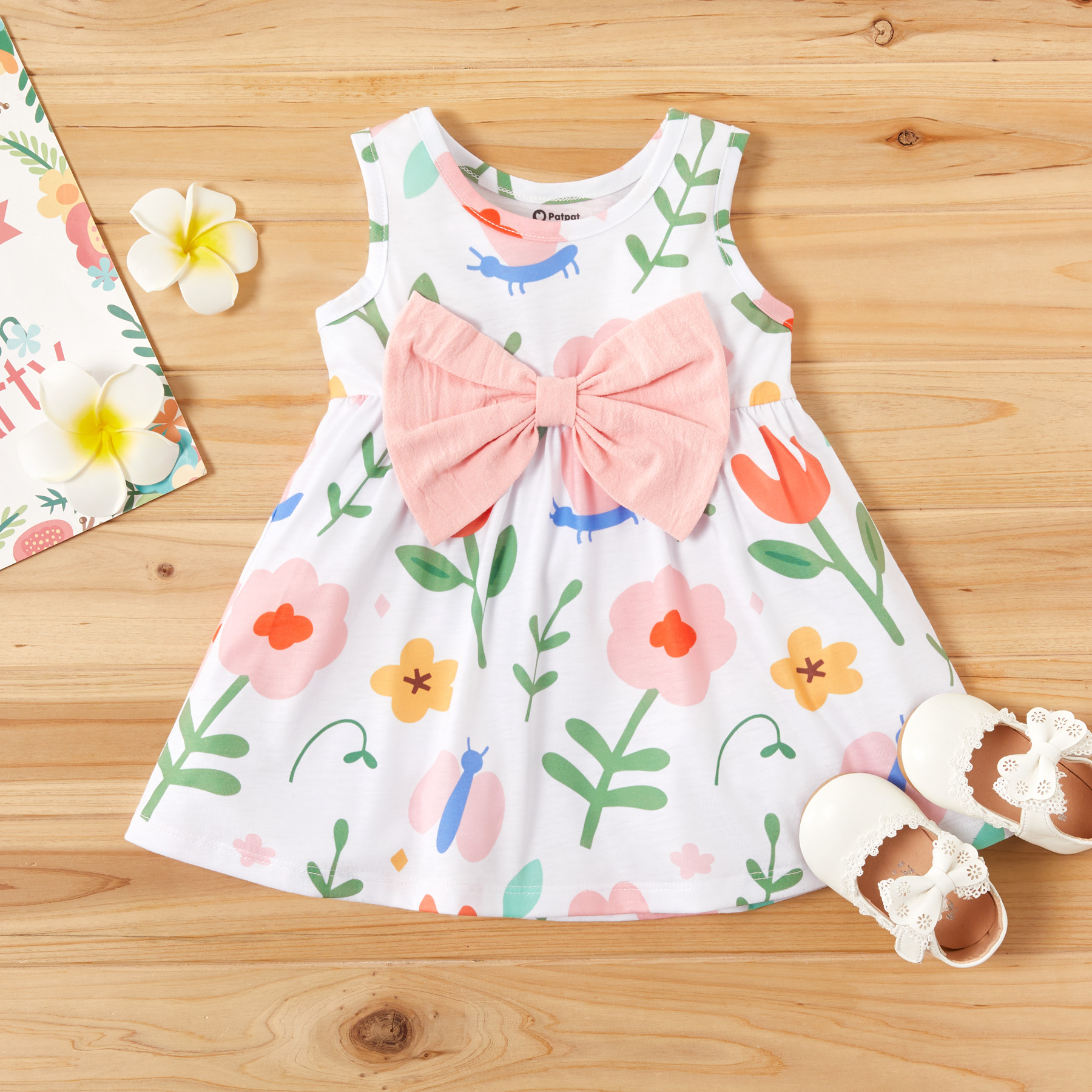 

Baby Girl Cute Floral Sleeveless Bowknot Decor Dress